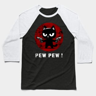 PEW PEW! Black Cat Vintage Halftone Baseball T-Shirt